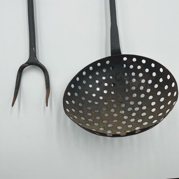 Antique Wrought Iron Turned Handle Ladle Skimmer Strainer & Hearth Cooking Fork - Picture 3 of 12